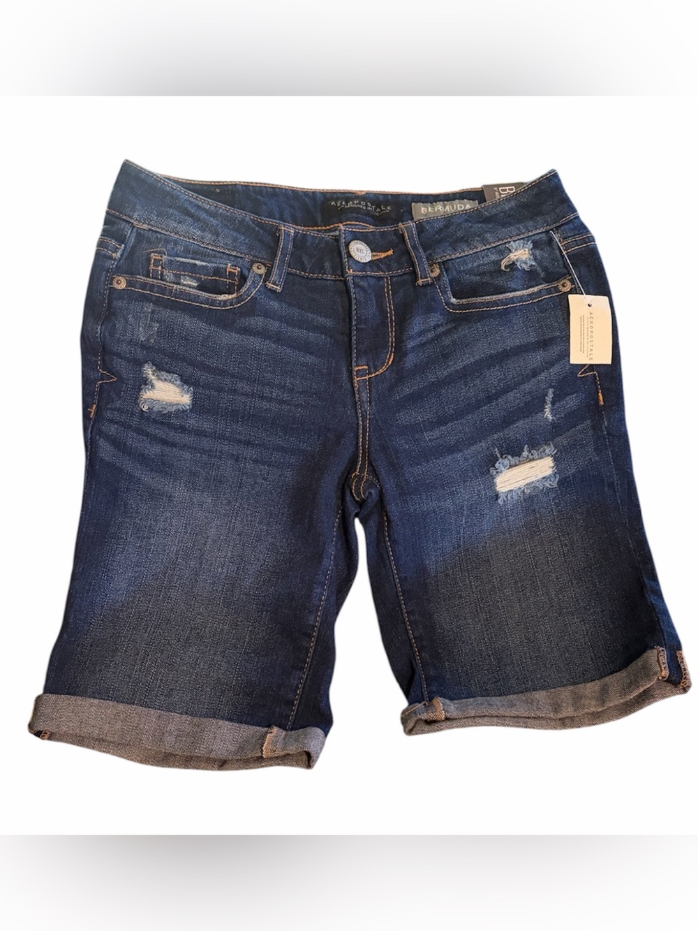 Aeropostale Women's Mid-rise Dark Blue Denim Distressed Bermuda Size 00 - Picture 2 of 4